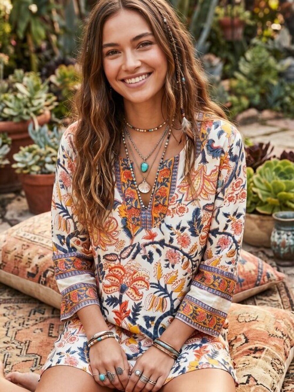 Pax Philomena boho Floral Tunic Dress with Multicolor Pattern size medium